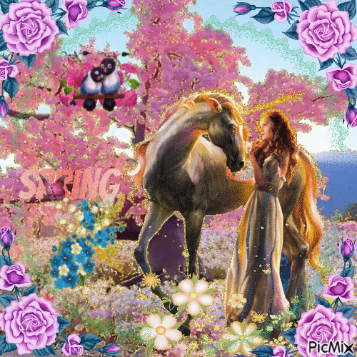 Woman and her horse at spring - 免费动画 GIF