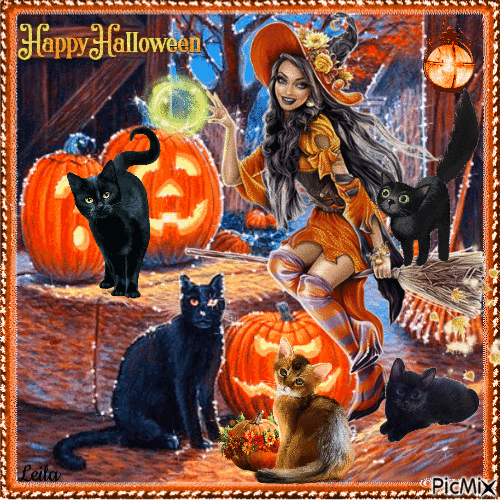 Happy Halloween. Witch with her cats - Zdarma animovaný GIF