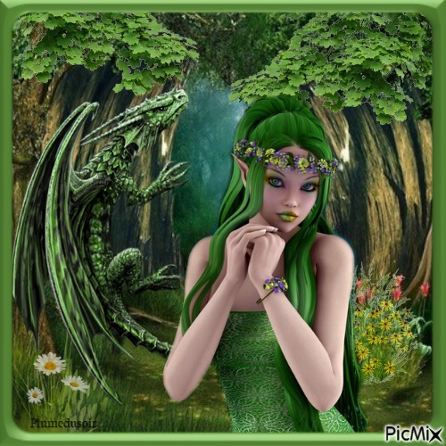 Une elfe avec un dragon tons verts. - δωρεάν png