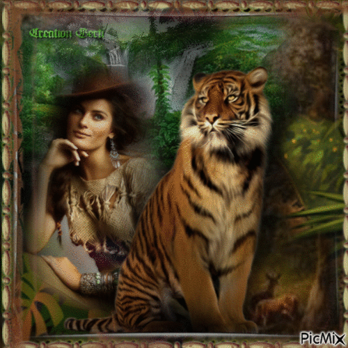 A woman and her friend tiger - 免费动画 GIF