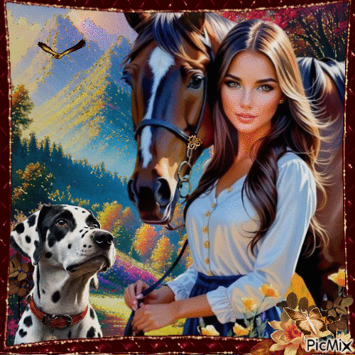 Mujer de paseo con un caballo y un perro, en marrón - GIF animado gratis