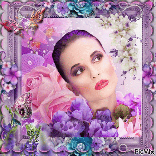 Femme et papillon ton violet/rose - Free animated GIF