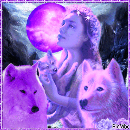 Fantasy woman with a wolf - Free animated GIF