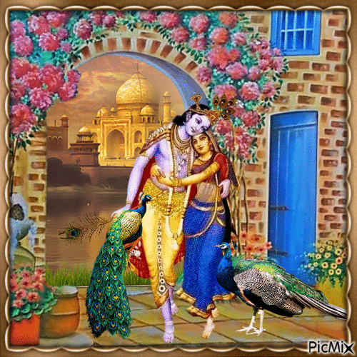 Radha Krishna mit Pfau - Бесплатни анимирани ГИФ