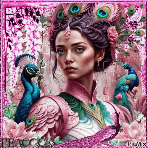 Woman and peacock - Pink tones - GIF เคลื่อนไหวฟรี