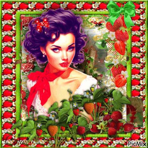 Femme vintage en rouge et fraises - Бесплатный анимированный гифка