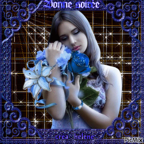 jeunne fille et fleurs bleues - Free animated GIF