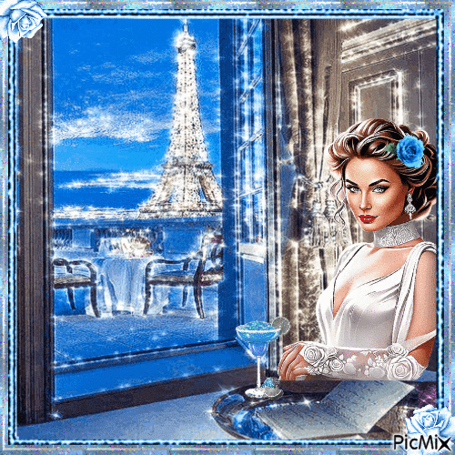 Donna d'epoca a Parigi - sfondo blu - Безплатен анимиран GIF