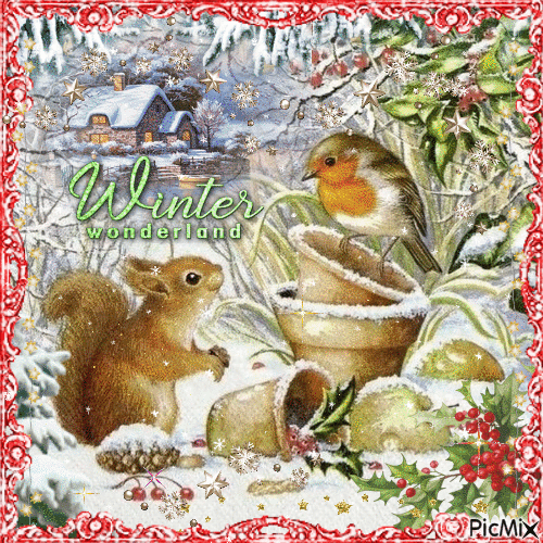 Winter Wonderland with snow, squirrel and bird - Gratis geanimeerde GIF