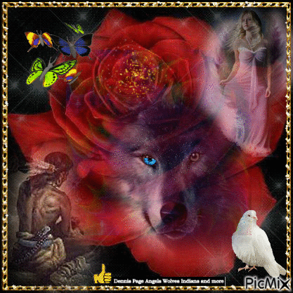 ROSE WITH WOLF ANGEL & AMERICAN NATIVE - GIF animate gratis