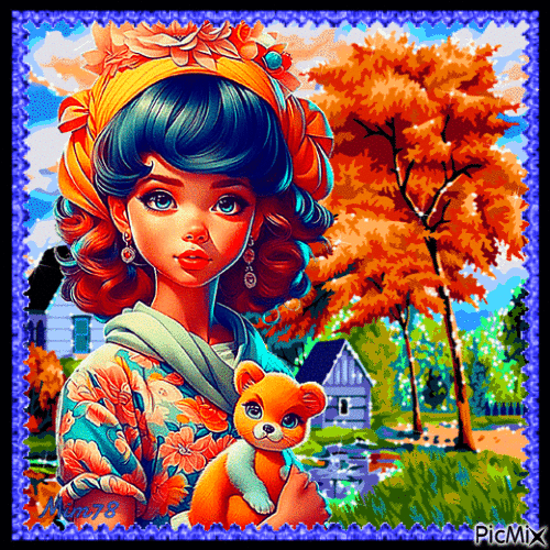 La fillette et sa peluche en orange et bleu - Free animated GIF