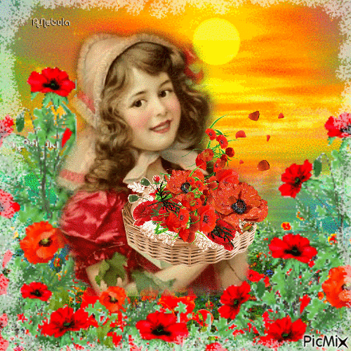Woman and poppies - Vintage/contest - Free animated GIF