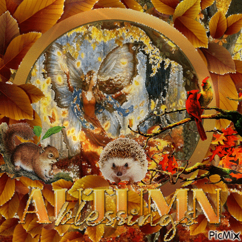 Herbstfee mit einem Waldtier - Бесплатный анимированный гифка