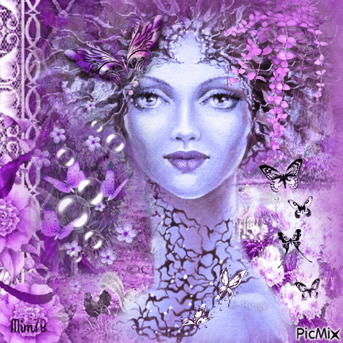 Femme et papillons - Tons violets/roses