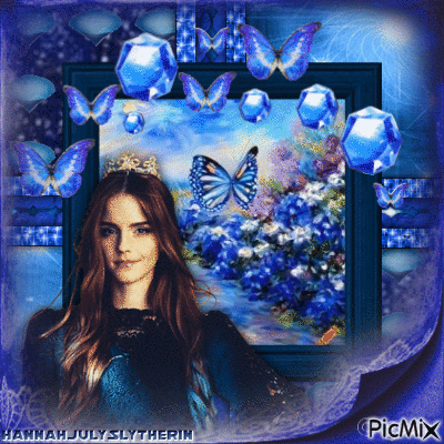 {♠}Emma Watson in Blue Butterfly Garden{♠} - Gratis geanimeerde GIF