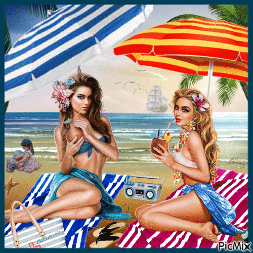 Deux amies à la plage. - Free animated GIF