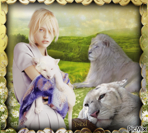 Mujer con leon blanco - Free animated GIF