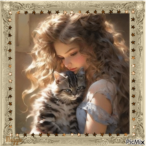 girl with her cat - Free animated GIF