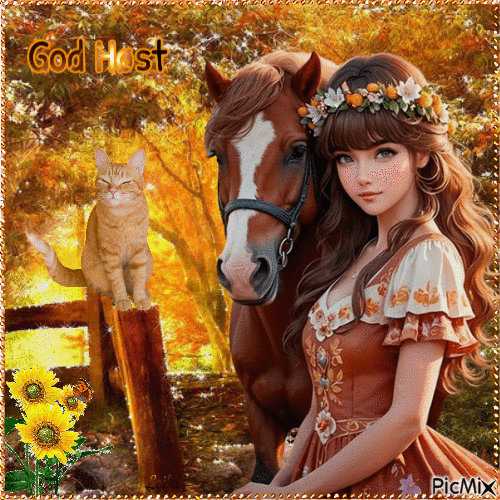 Happy Autumn/Fall. Girl, horse, cat - Бесплатный анимированный гифка