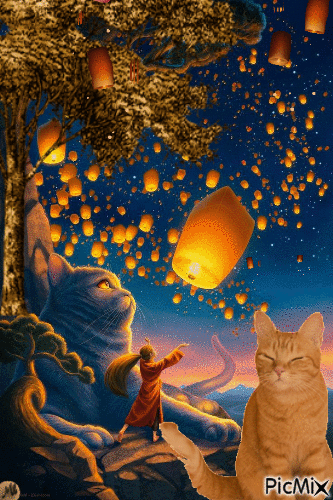 Gatos y farolillos - 無料のアニメーション GIF