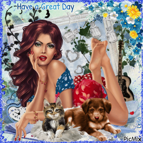 Have a Great Day. Woman, cat, dog - Gratis animeret GIF