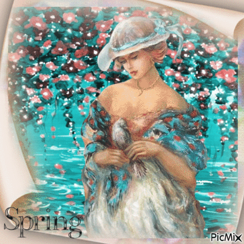 Spring Woman with Bird - Безплатен анимиран GIF
