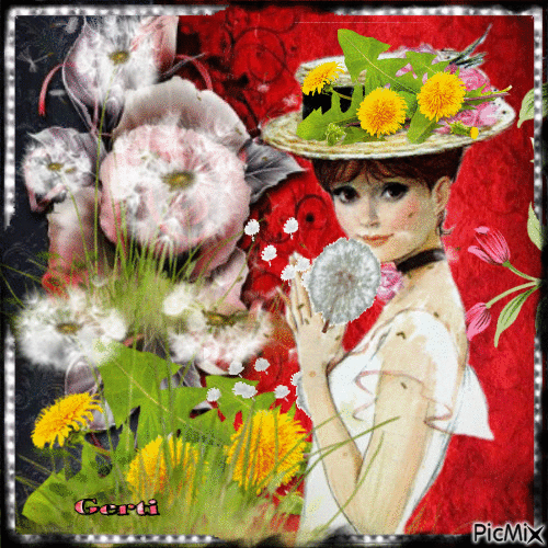 Femme et fleurs de pissenlit - Ingyenes animált GIF