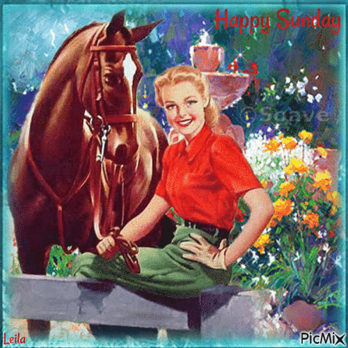 Happy Sunday. Woman, horse, garden - Бесплатный анимированный гифка