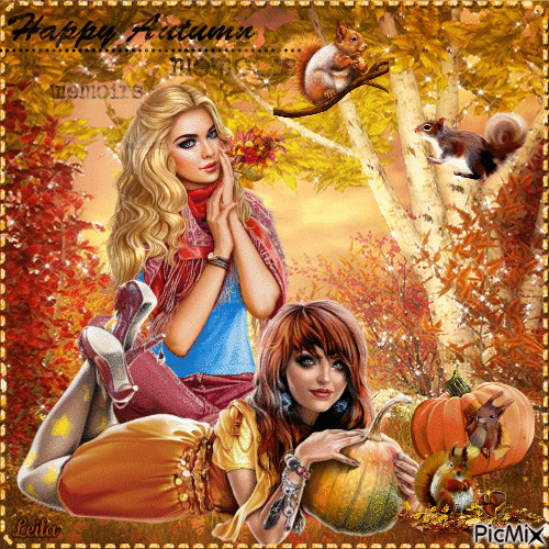 Happy Autumn. 2 women and squirrel in autumn landscape - Nemokamas animacinis gif