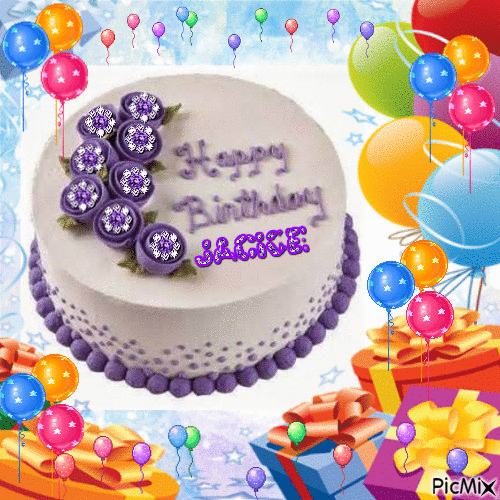 BIRTHDAY CARD FOR MY FRIEND, WHITE WITH PURPLE FLOWERS AND WRITING, LOTS OF BALLOONS AND PRESENTS. - Gratis animerad GIF