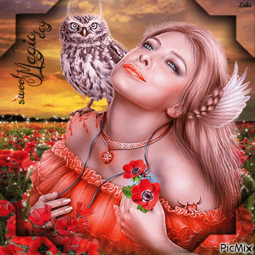 Sweet Magic day. Palmuer. Woman with an owl - Ingyenes animált GIF
