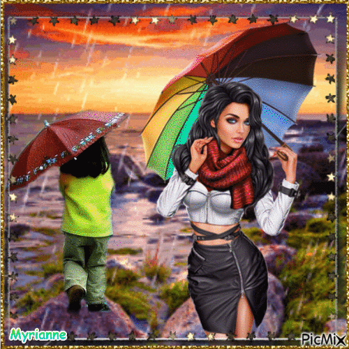 La femme et l'enfant sous la pluie - GIF animé gratuit