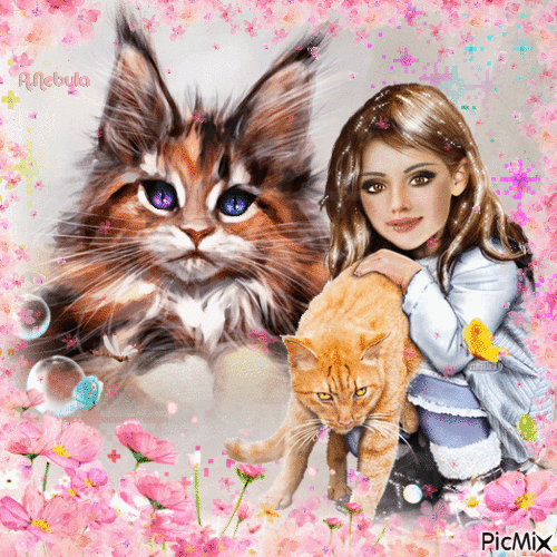 Little girl and her cats - Nemokamas animacinis gif