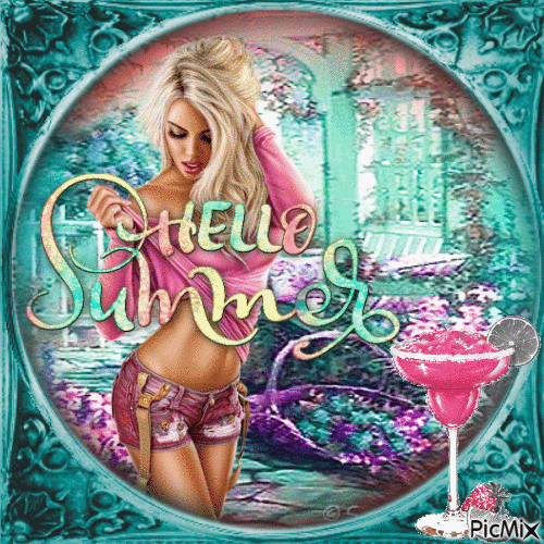 Hello Summer - Pink & teal - Free animated GIF