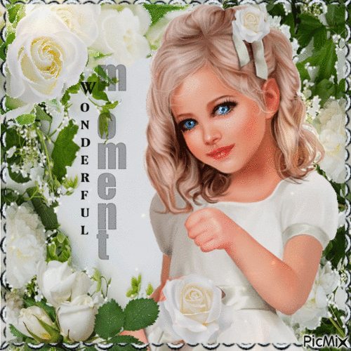 Schönes kleines Mädchen und weiße Rosen - Gratis geanimeerde GIF
