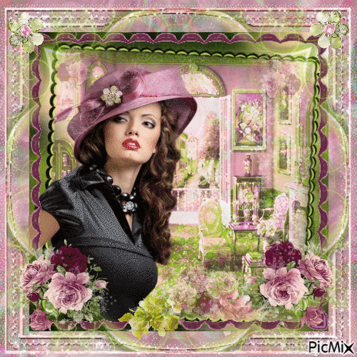 Belle en Chapeau  rose & vert - GIF animado grátis