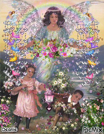 Whimsical Guardian Angel & Children gathering flowers - Free animated GIF