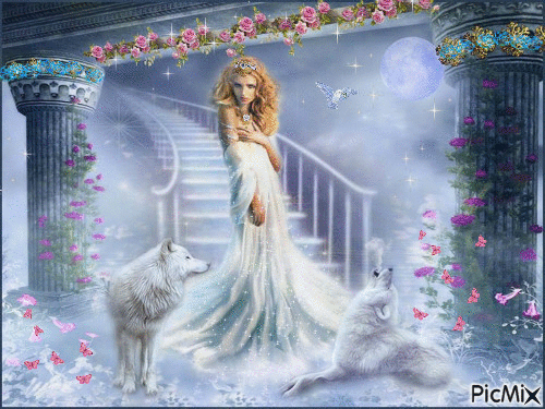 Lady with wolf - Free animated GIF