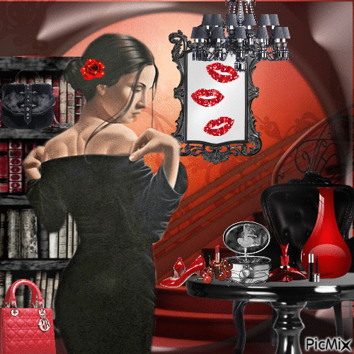Frau und ihr rotes und schwarzes Zubehör - Δωρεάν κινούμενο GIF