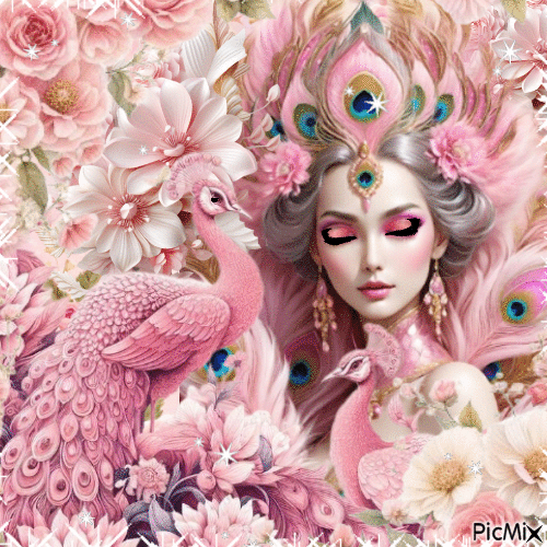 Женщина  и павлин-розовые тона. - GIF animado gratis