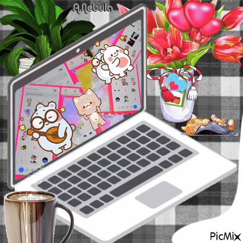 computer at home/coffee/flowers - Gratis geanimeerde GIF