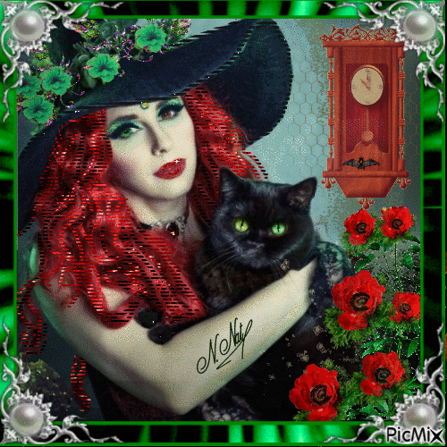 Belle sorcière avec un chat 👩🌸 🌸 🌸 - Бесплатный анимированный гифка