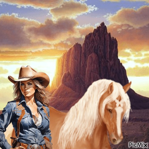 Cowgirl and horse - bezmaksas png