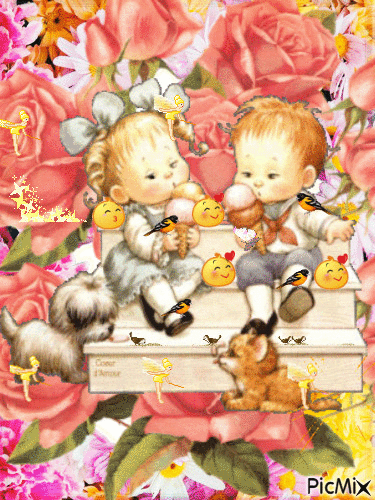cute little boy and girl eating ice cream with them are all their friends and a little imagination and magic. - GIF animado grátis