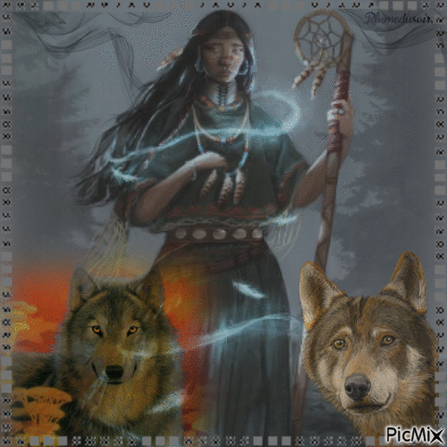 Shaman amérindienne avec des loups. - Ücretsiz animasyonlu GIF
