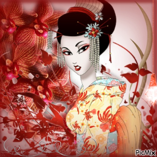 Geisha et Orchidées - png gratis