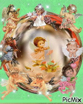 TINY ANGELS PLAYING AROUND A BIG BALL WITH ANGELS PLAYING IN IT, LOTS OF COLORS IN BACKGROUND AND FLASHING LIGHTS. - Free animated GIF