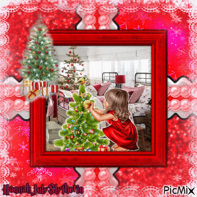 {Little Girl decorating the tree in her room} - GIF animado grátis