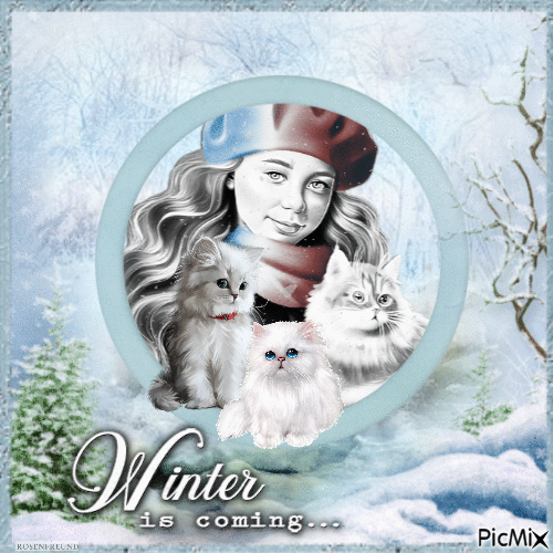 Mädchen im Winter mit ihren Katzen - Besplatni animirani GIF