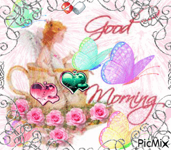 GOOD MORNING, GIRL ANGEL IN A CUPCATCHING HEARTS IN HER HAND, SOME SPARKLES IN HER HEAR AND WINGS, SPARKLING COLOR CHANGING BUTTERFLIES, PINK ROSESCHANGING COLOR HEARTS ON CUP, AND A WIRE FRAME. - GIF animate gratis